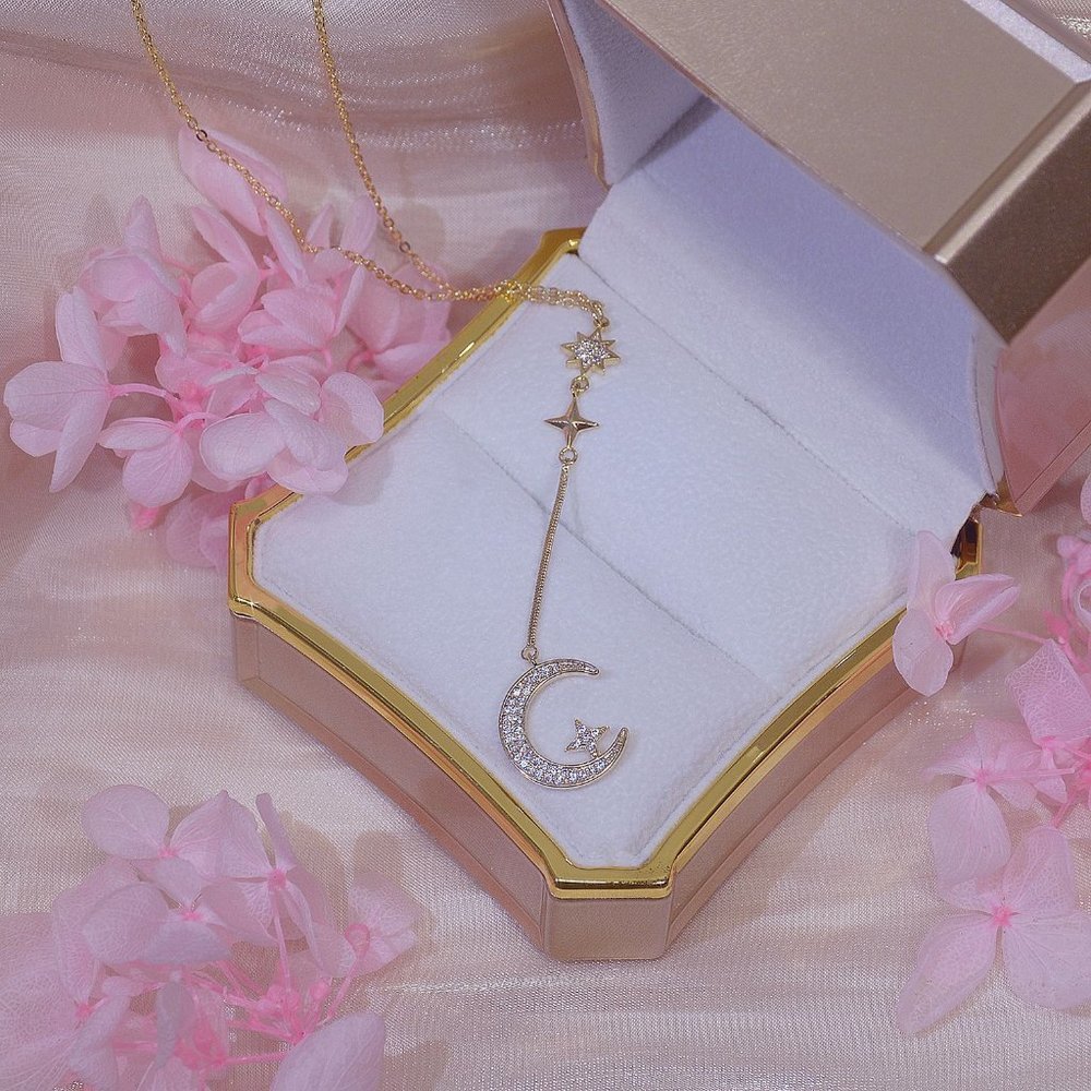 NEW 14K Gold Plated Diamond Crescent Moon Star Drop Necklace - Picture 3 of 6